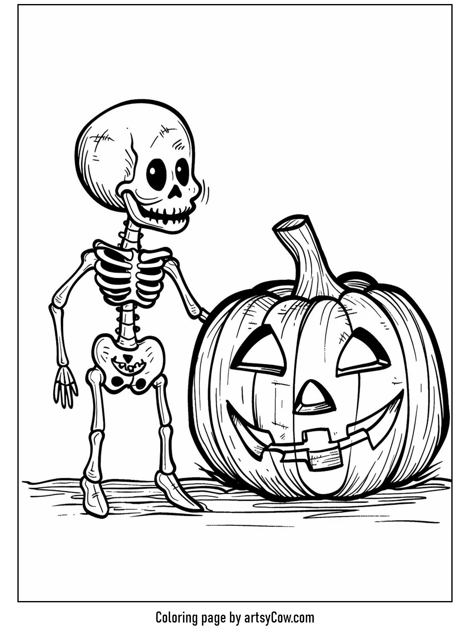 halloween pumpkin drawings for kids, featuring a smiling pumpkin and a playful skeleton